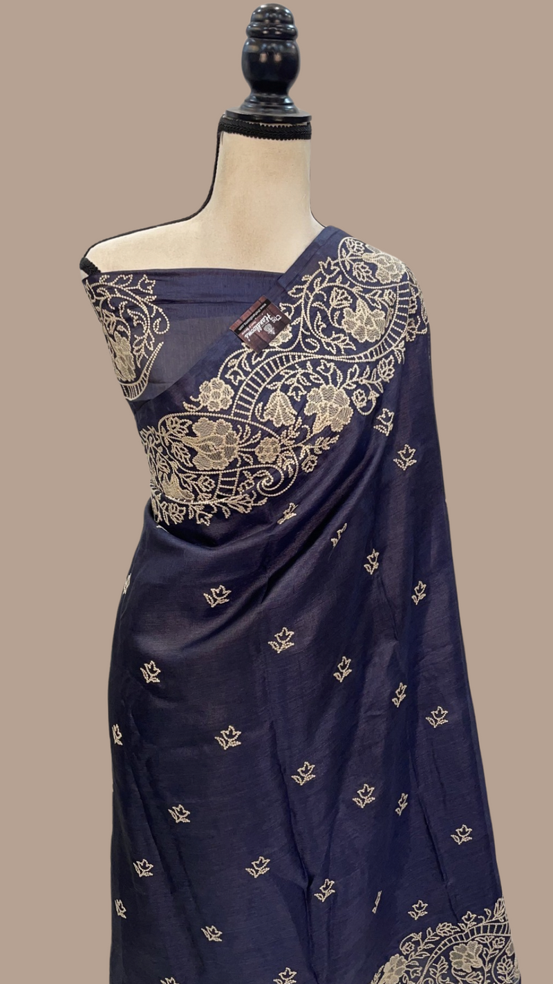 Tussar Silk Handloom Banarasi Saree With Chikankari - The Handlooms