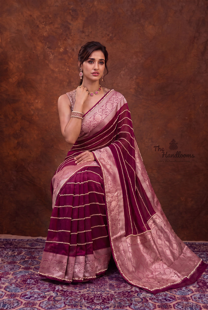 Disha Patani Inspired Pure Kora Tissue Handloom Banarasi Saree - Handwork