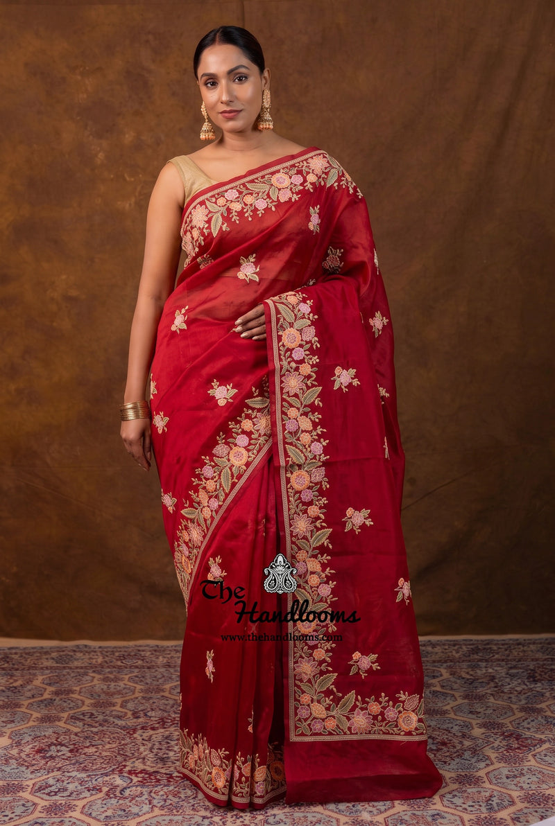 Red Pure Organza Chikankari Handloom Banarasi Saree