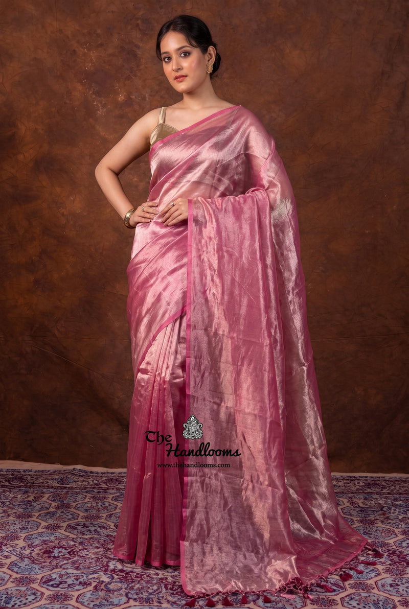 Hot Pink Pure Kora Tissue Handloom Banarasi Saree - Plain
