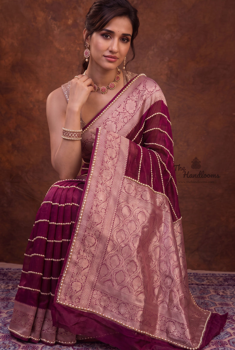 Disha Patani Inspired Pure Kora Tissue Handloom Banarasi Saree - Handwork