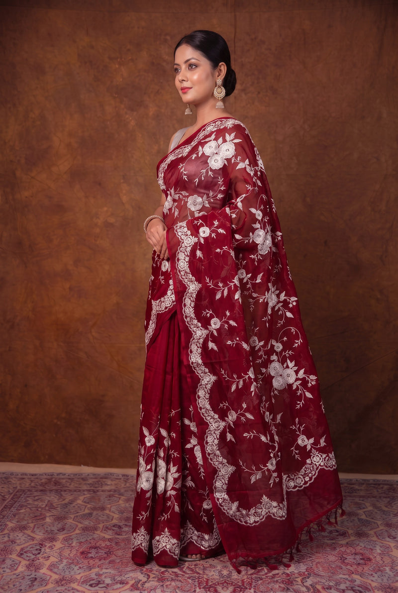 Maroon Pure organza Chikankari Handloom Banarasi Saree