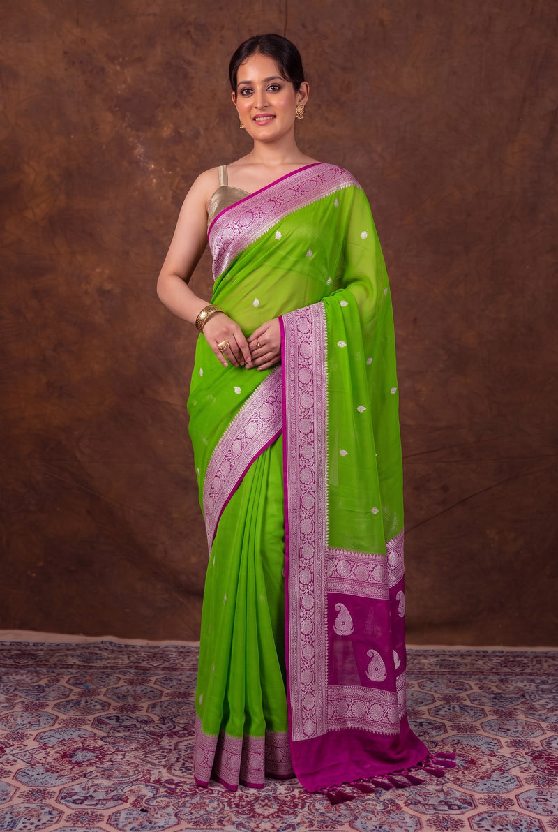 Pure Georgette Handloom Banarasi Saree - Silver Zari