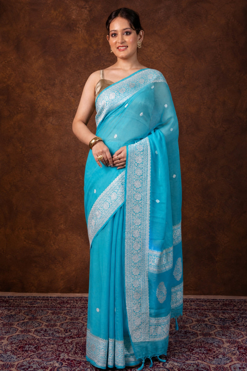 Sky Blue Pure Georgette Banarasi Saree - Silver Zari