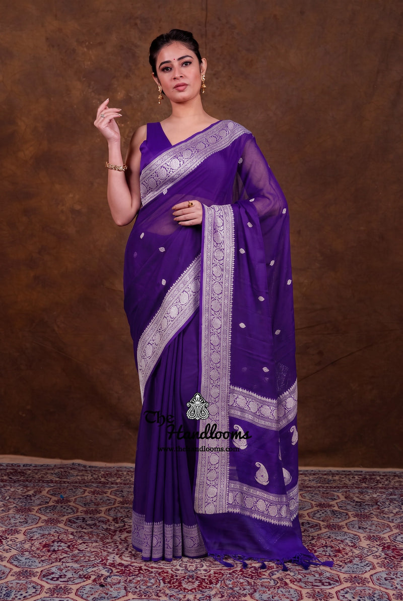 Purple Pure Georgette Handloom Banarasi Saree - Silver Zari