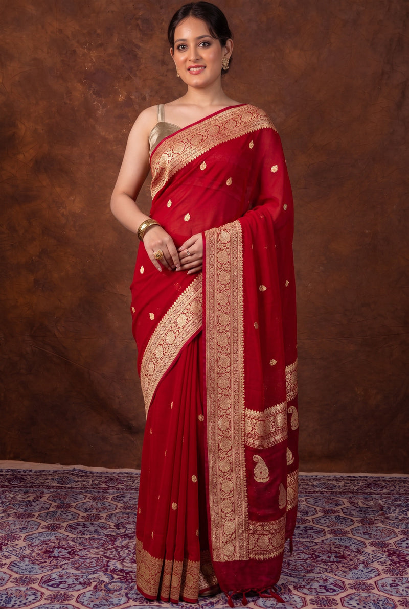 Red Pure Georgette Handloom Banarasi Saree - Gold Zari
