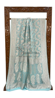 Aqua Blue Khaddi Georgette Banarasi Saree with all silver zari jaal work - The Handlooms