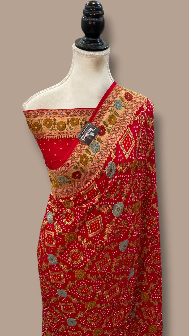 Pure Georgette Banarasi Bandhej Handloom Saree - Meenakari