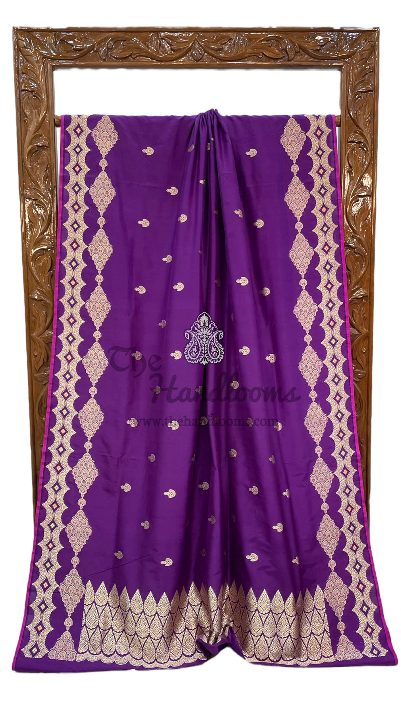 Purple Pure Katan Silk Banarasi Handloom Saree - All over Kadua motifs - The Handlooms
