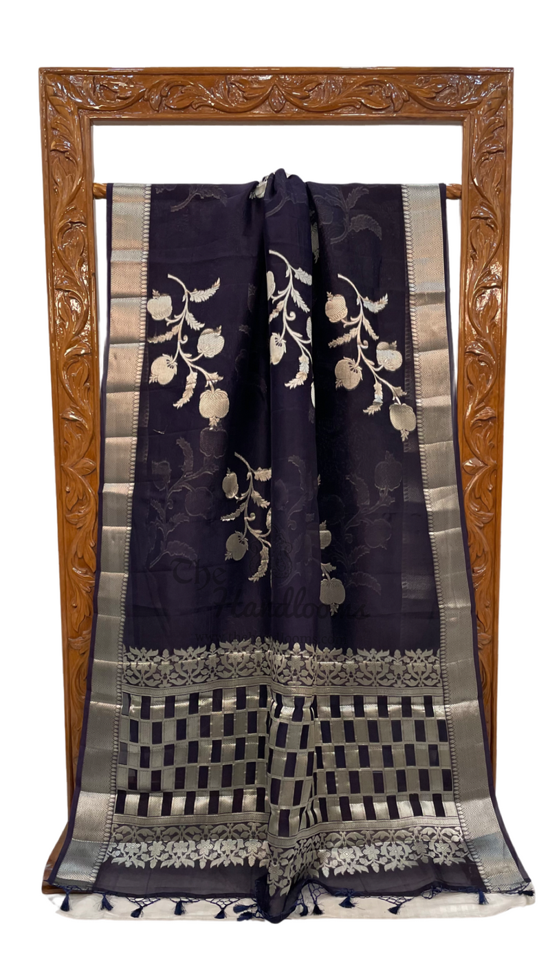 Navy Blue Pure Kora Handloom Banarasi Saree - The Handlooms