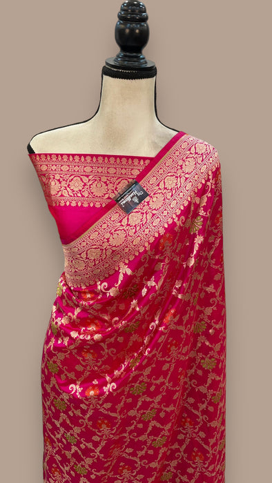 Hot Pink Pure Katan Silk Banarasi Handloom Saree - All over Jaal work with Meenakari