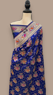 Royal Blue Pure Katan Silk Banarasi Handloom Saree - All over Jaal work with Meenakari - The Handlooms