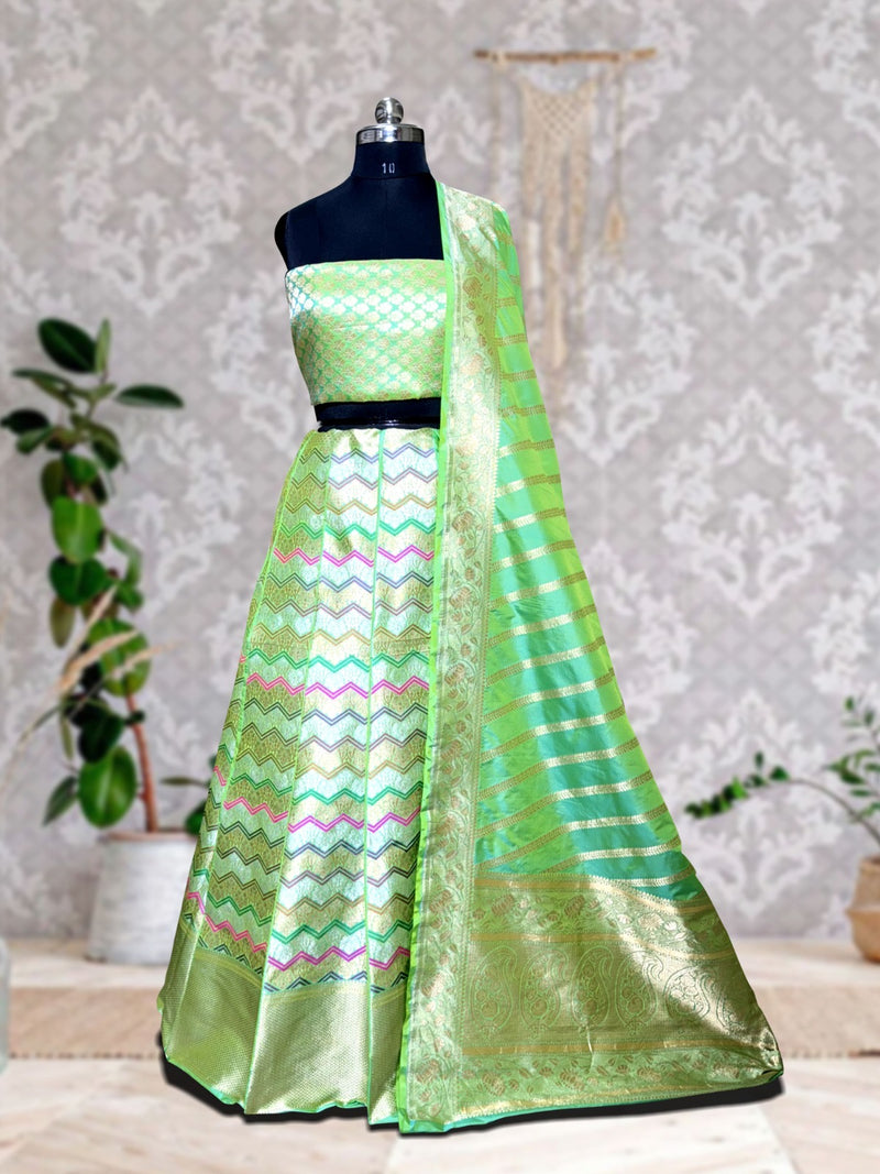 Rangkat Pure Katan Silk Handloom Banarasi Lehenga All Over Sona Roopa Jaal Work With Stitched - The Handlooms