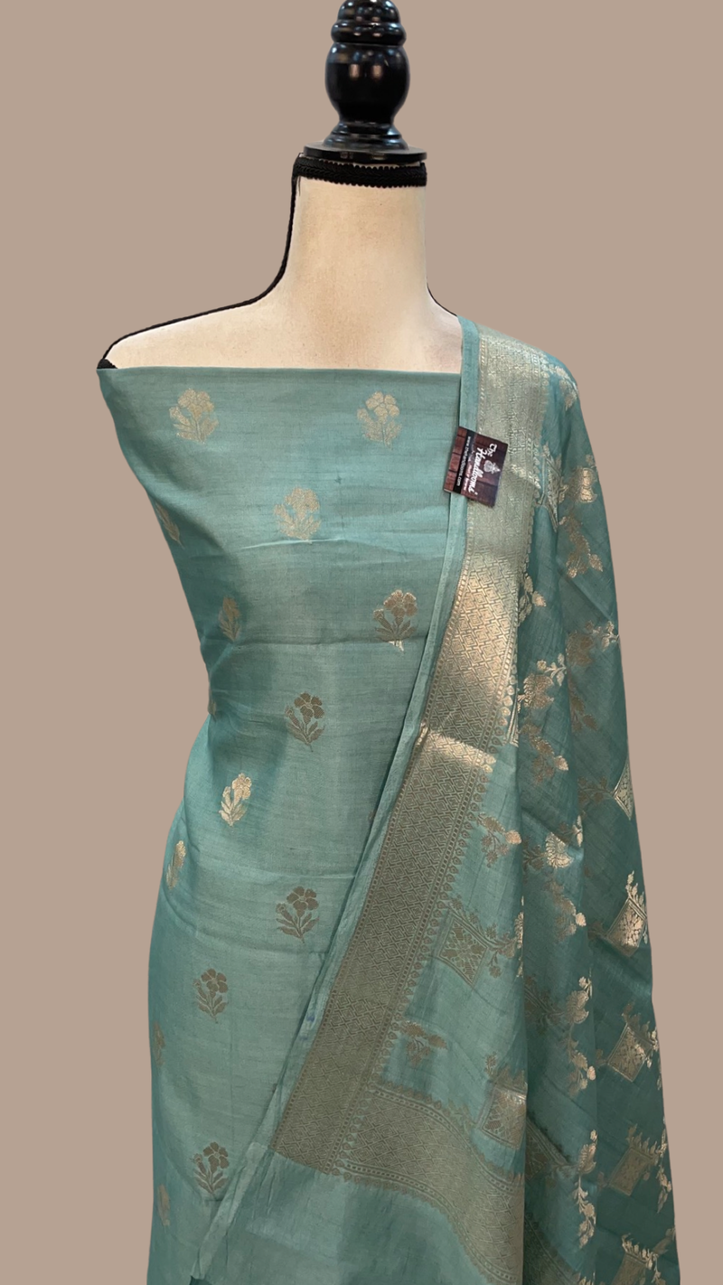 Mint Green Pure Chiniya Silk Handlooms Banarasi Dress material - The Handlooms