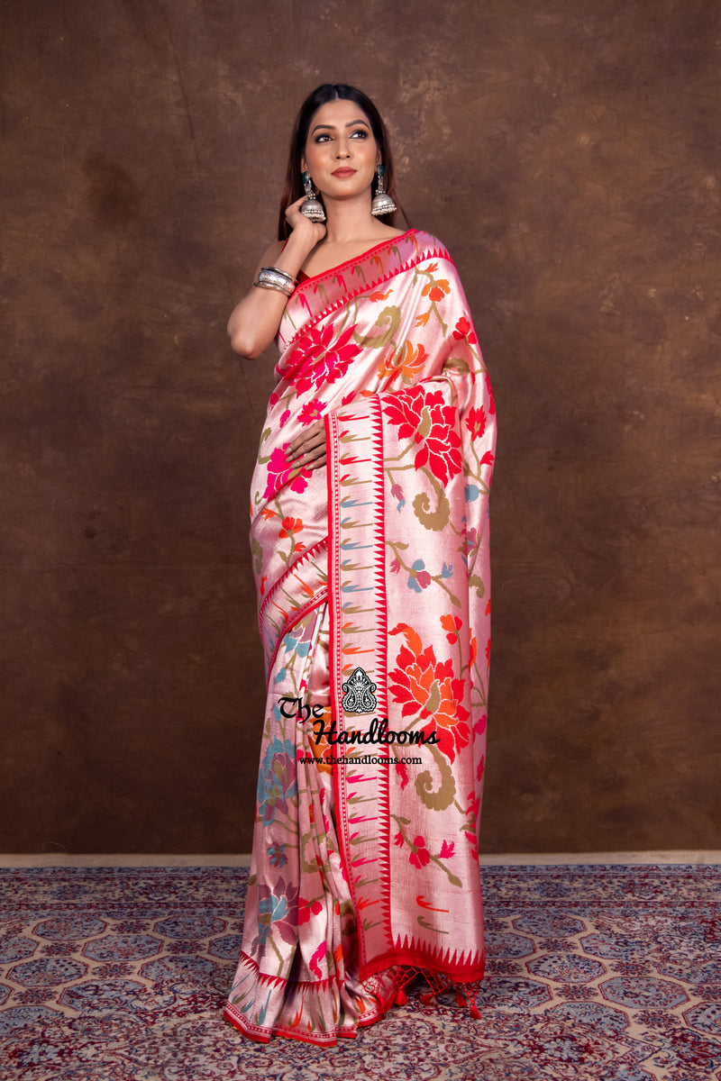 Red Pure Tussar Georgette Brocade Handloom Banarasi Saree - The Handlooms