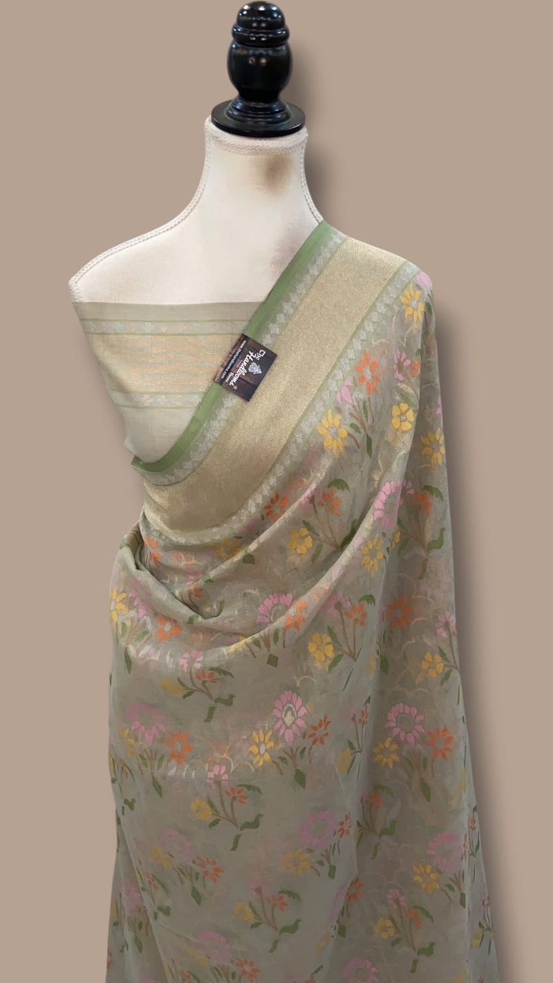 Real Zari Pure Cotton Jamdani Silk Banarasi Handloom Saree - All Over Kadiyal Jaal Work