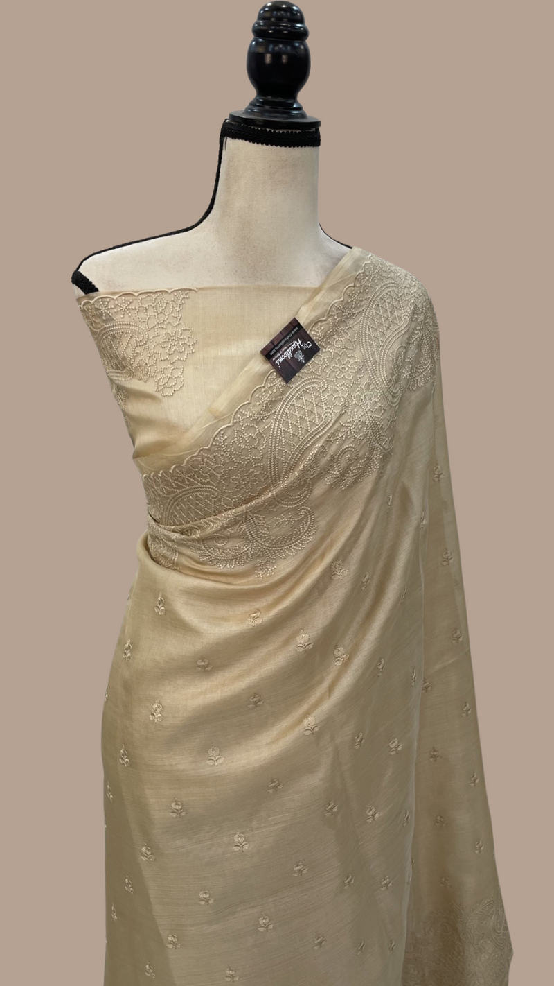 Tussar Silk Handloom Banarasi Saree With Chikankari - The Handlooms