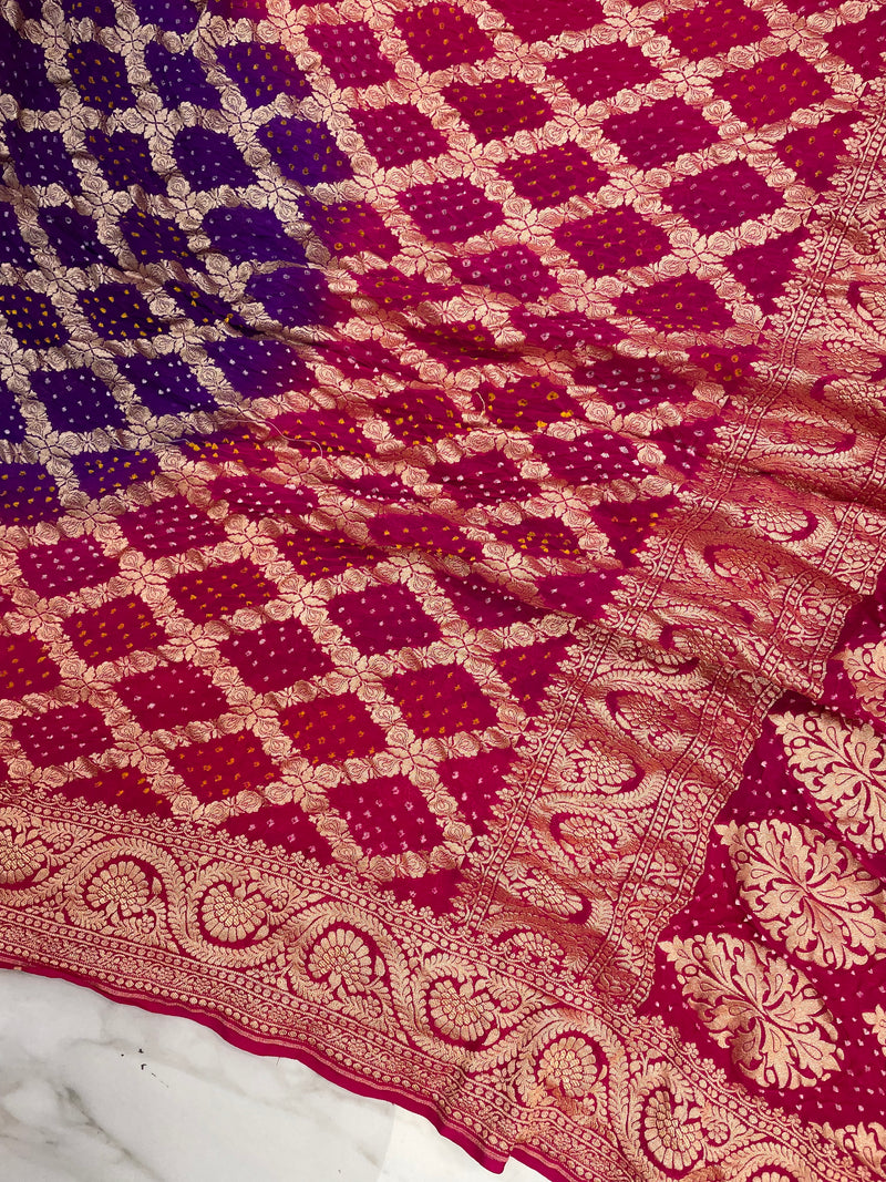 Dual Shade Pure Georgette Banarasi Bandhej Handloom Saree - The Handlooms