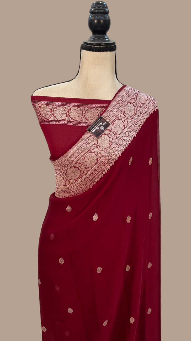 Maroon Pure Georgette Handloom Banarasi Saree - The Handlooms