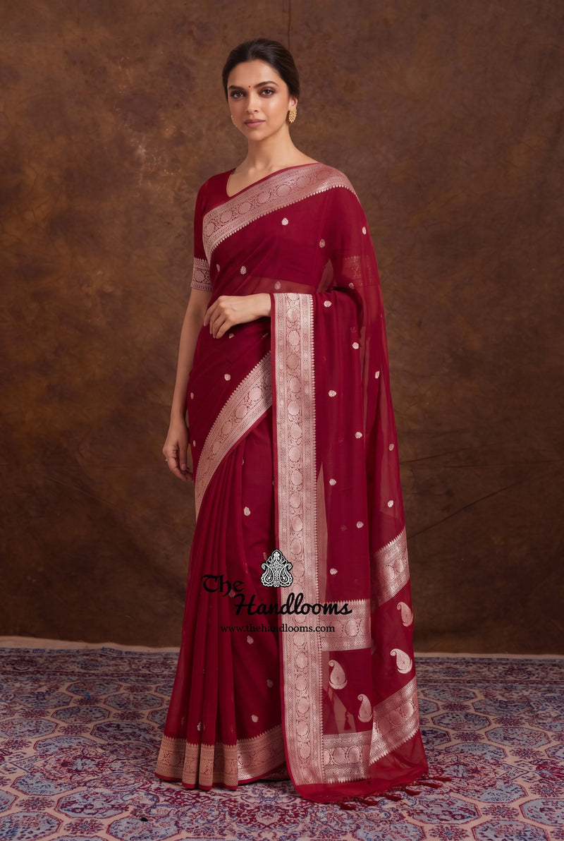 Deepika Padukone in Maroon Pure Georgette Handloom Banarasi Saree - Silver Zari
