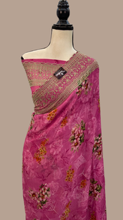 Pure Georgette Digital Print with Chikankari Handloom Banarasi Saree - The Handlooms