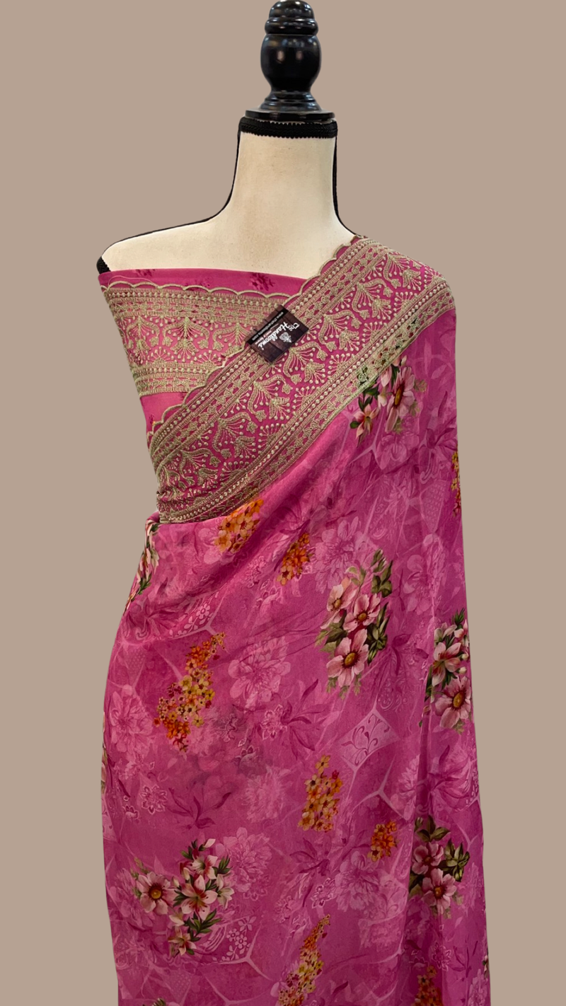 Pure Georgette Digital Print with Chikankari Handloom Banarasi Saree - The Handlooms