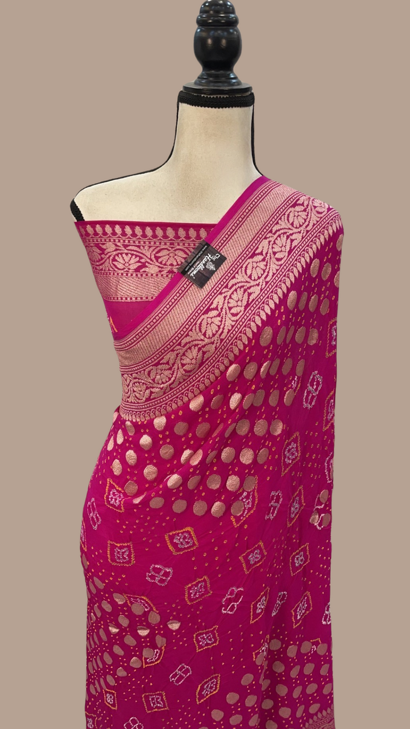 Hot Pink Pure Georgette Banarasi Bandhej Handloom Saree - The Handlooms