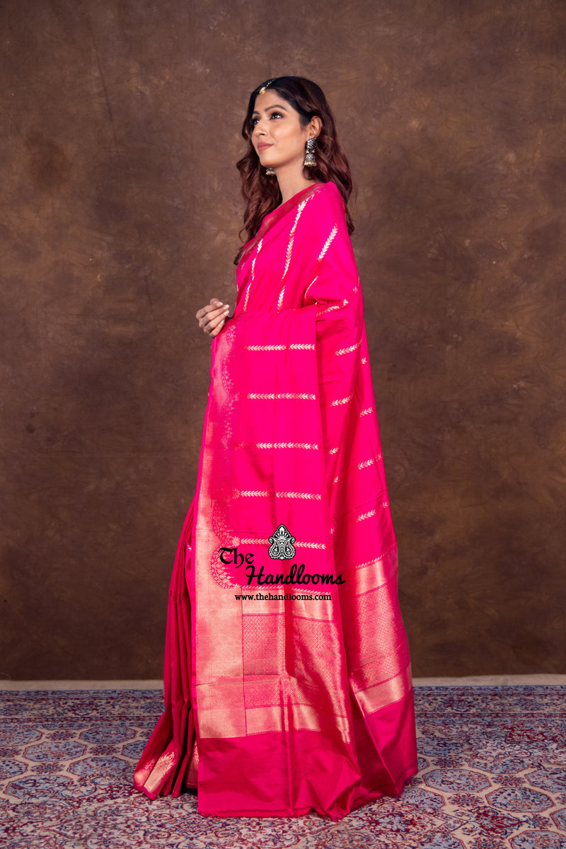 Pure Katan Silk Banarasi Handloom Saree - All over Kadua Stripe - The Handlooms