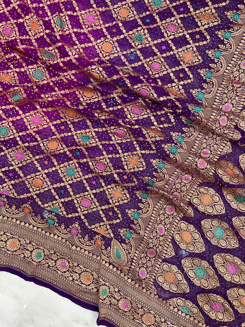Pure Georgette Banarasi Bandhej Handloom Saree - with meenakari work - The Handlooms