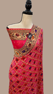 Pure Georgette Banarasi Bandhej Handloom Saree - with meenakari work - The Handlooms