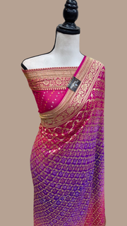 Dual Shade Pure Georgette Banarasi Bandhej Handloom Saree - The Handlooms
