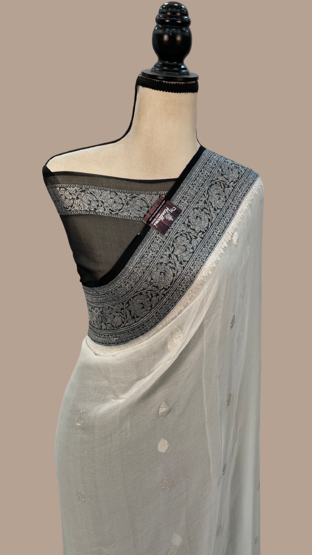 White With Black Pure Georgette Banarasi Saree — The Handlooms