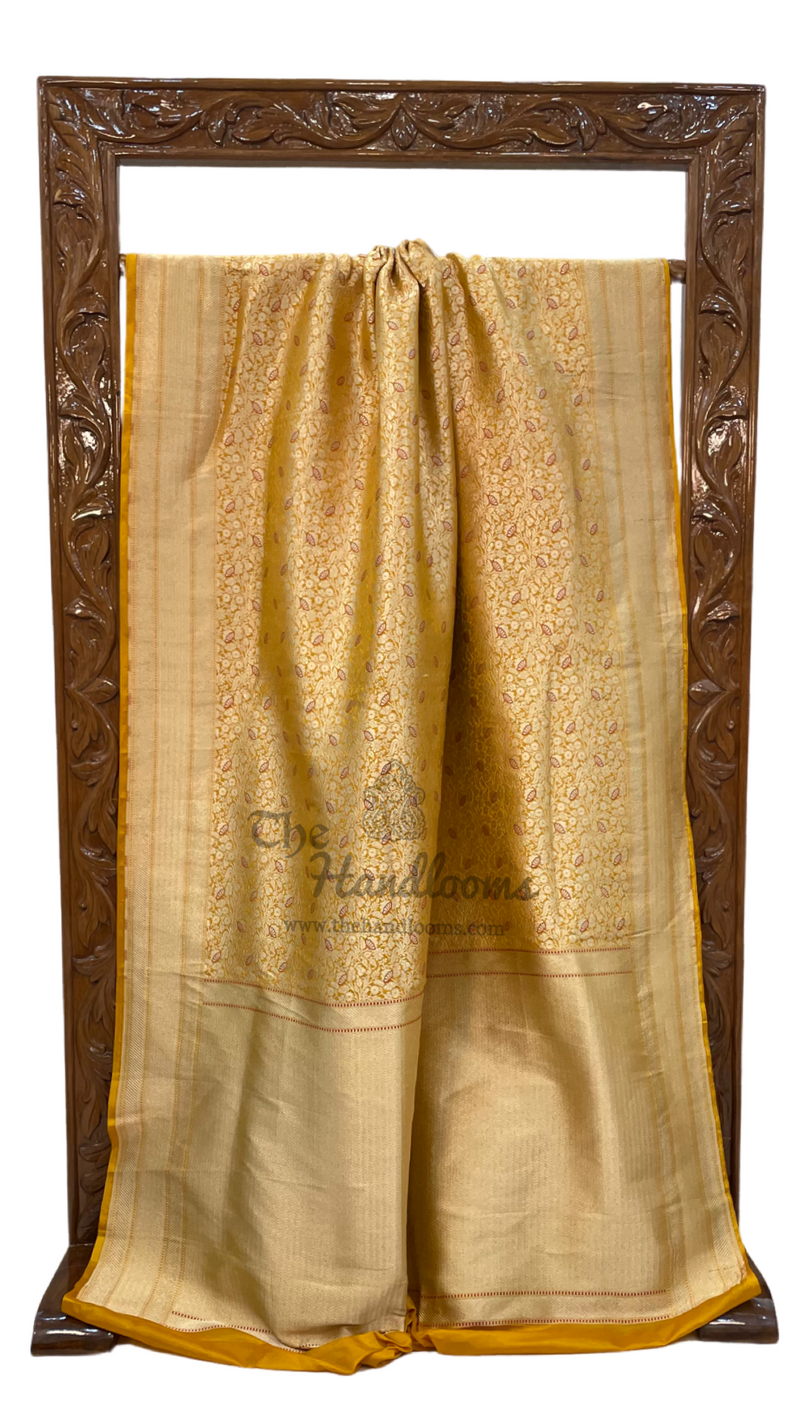 Mustard Yellow Pure Katan Silk Banarasi Handloom Saree - Tanchui Brocade - The Handlooms