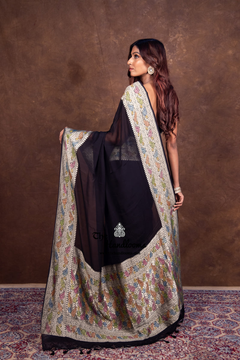 Black Khaddi Georgette Handloom Banarasi Saree - The Handlooms