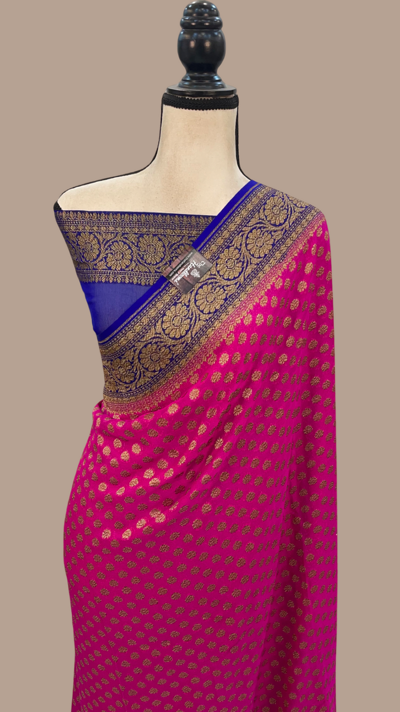 Hot Pink Khaddi Georgette Handloom Banarasi Saree - The Handlooms