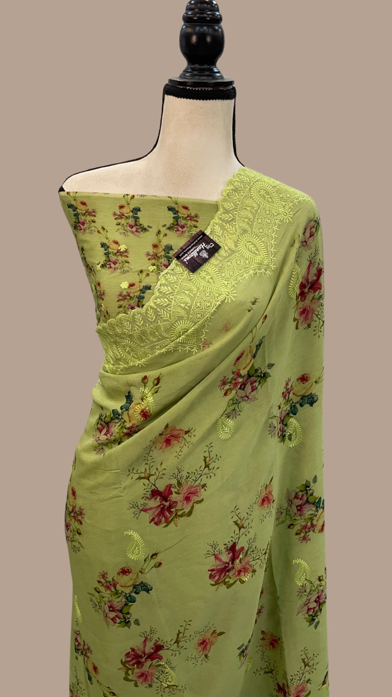 Pure Georgette Digital Print with Chikankari Handloom Banarasi Saree - The Handlooms