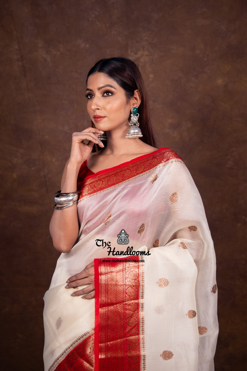 Off-white Pure Kora Handloom Banarasi Saree - The Handlooms