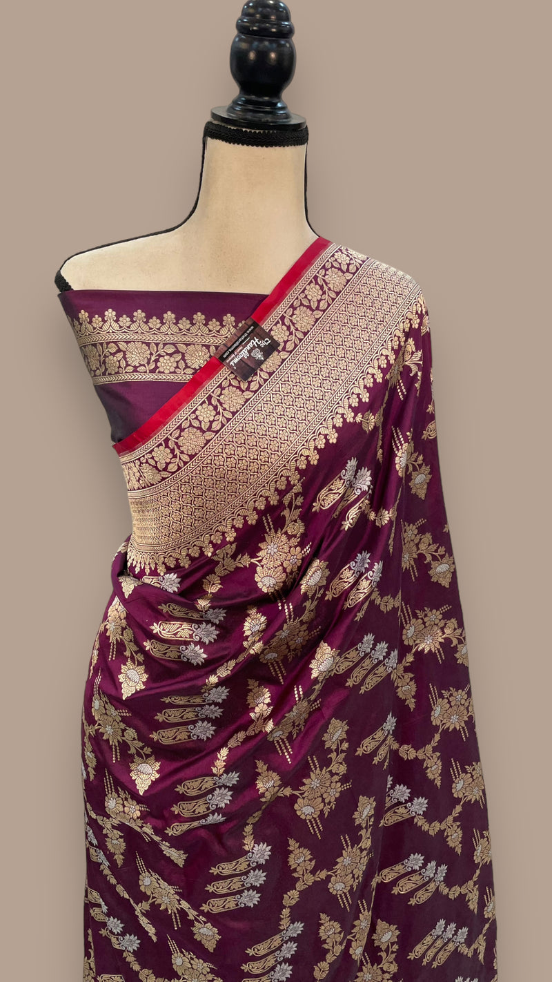 Pure Katan Silk Banarasi Handloom Saree - All over Sona Roopa Jaal work - The Handlooms