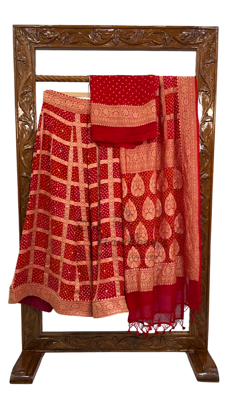 Pure Khaddi Georgette Bandhani Handloom Banarasi Lehenga - The Handlooms