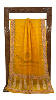 Yellow Tussar Silk Handloom Banarasi Saree With Chikankari - The Handlooms
