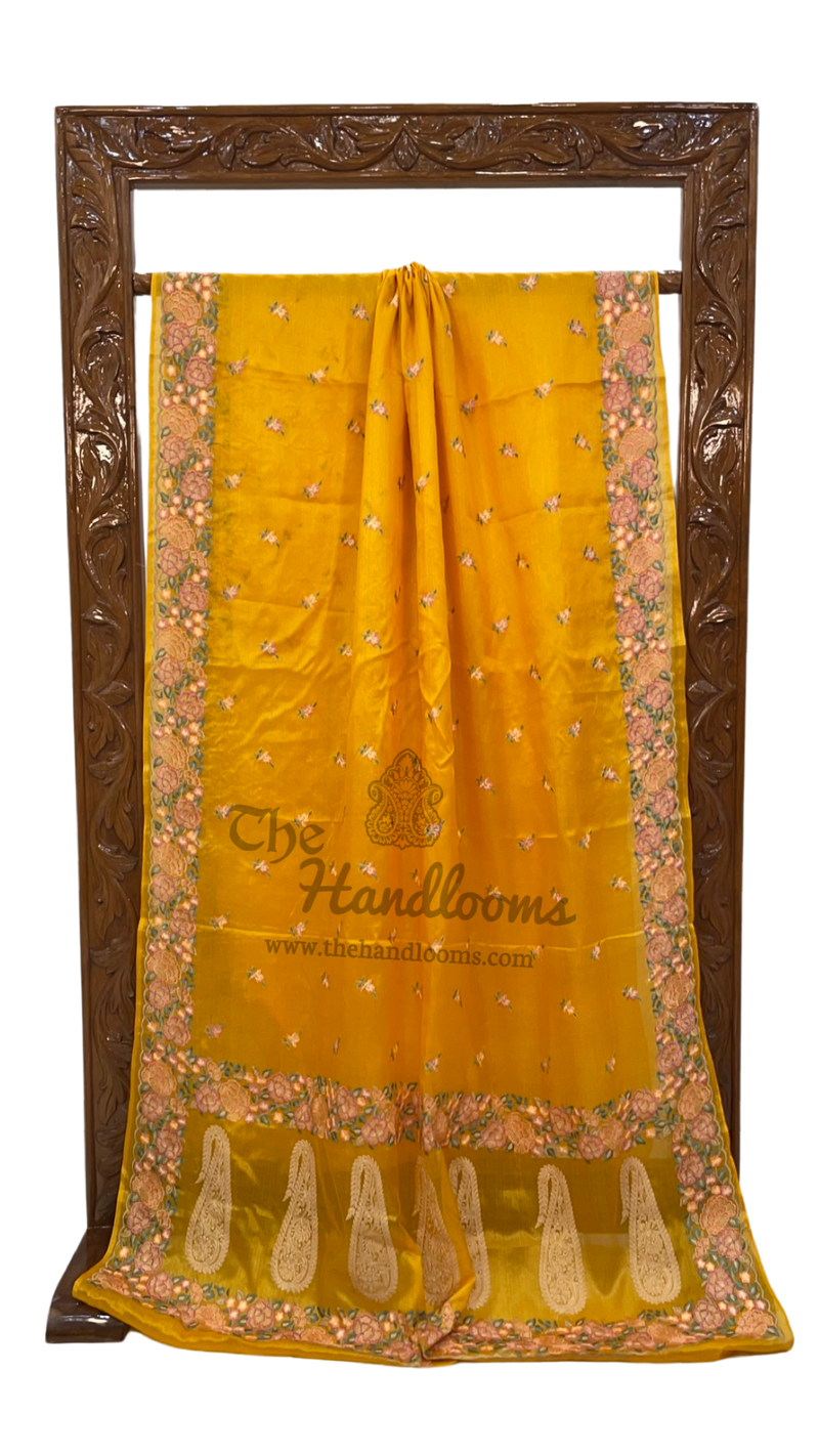 Yellow Tussar Silk Handloom Banarasi Saree With Chikankari - The Handlooms
