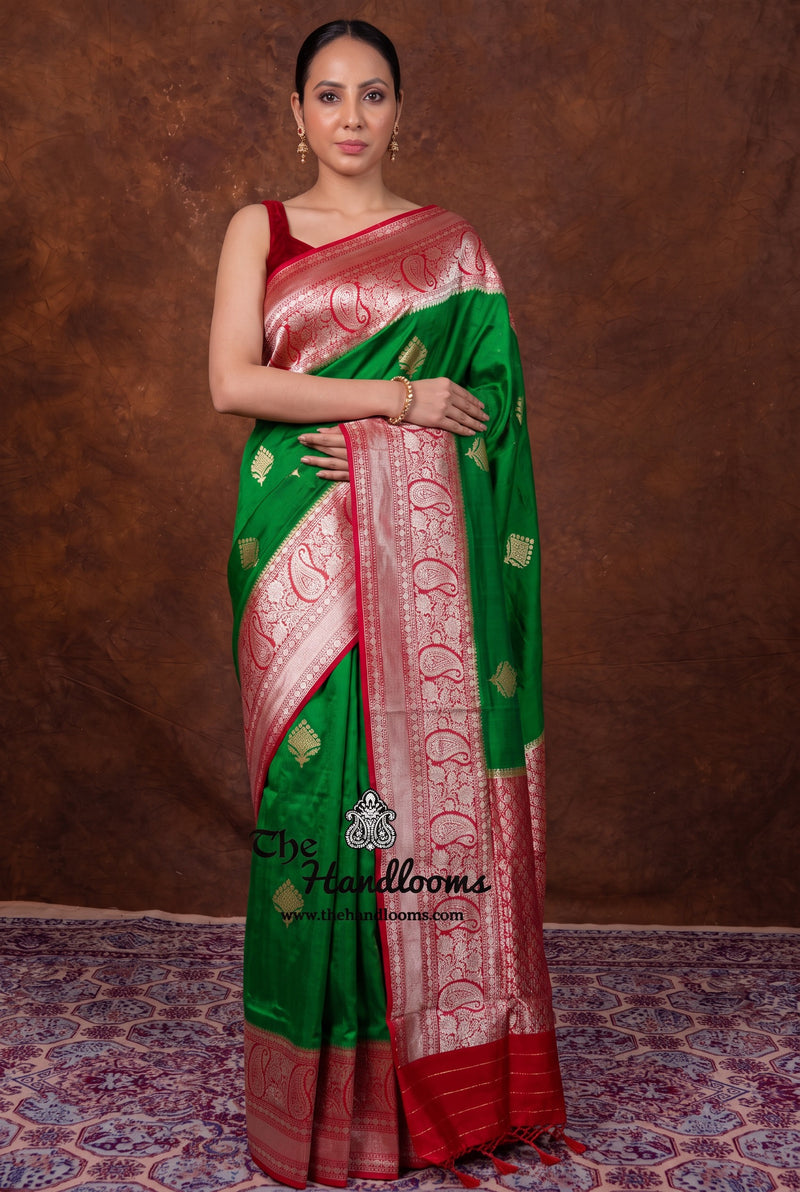 Green Pure Katan Silk Banarasi Handloom Saree - All over Kadua motifs