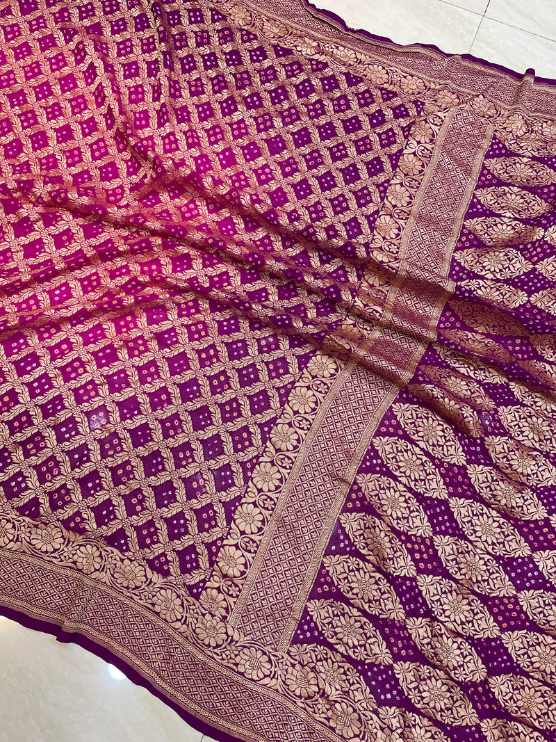 Dual Shade Pure Georgette Banarasi Bandhej Handloom Saree - The Handlooms