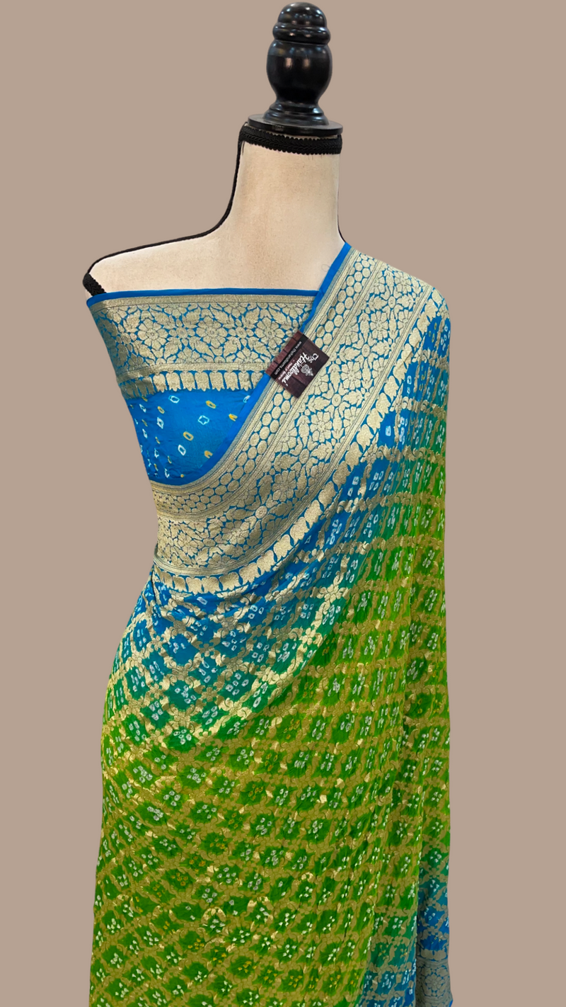 Dual Shade Pure Georgette Banarasi Bandhej Handloom Saree - The Handlooms