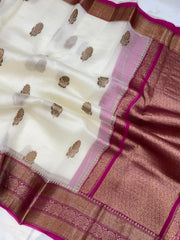 Off-white Pure Kora Handloom Banarasi Saree - The Handlooms