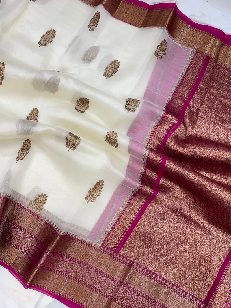 Off-white Pure Kora Handloom Banarasi Saree - The Handlooms