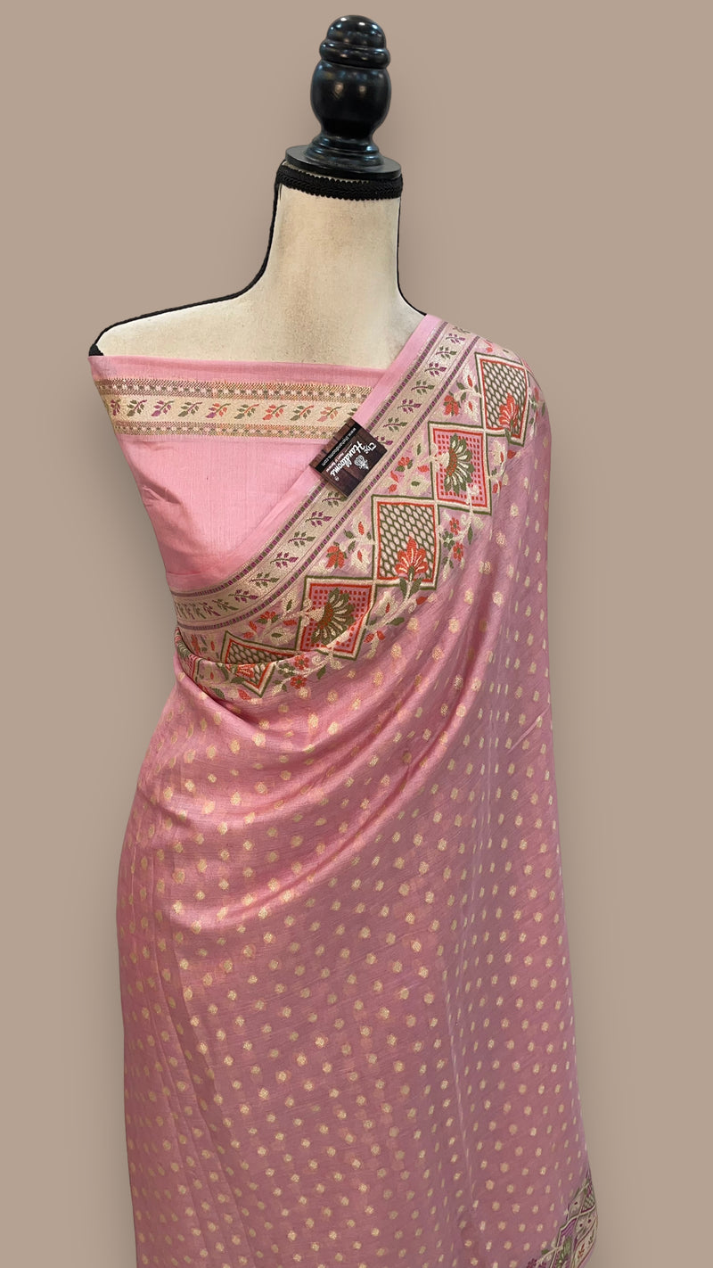 Onion Pink Pure Tussar Silk Handloom Banarasi Saree - The Handlooms