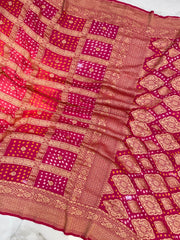 Dual Shade Pure Georgette Banarasi Bandhej Handloom Saree - The Handlooms