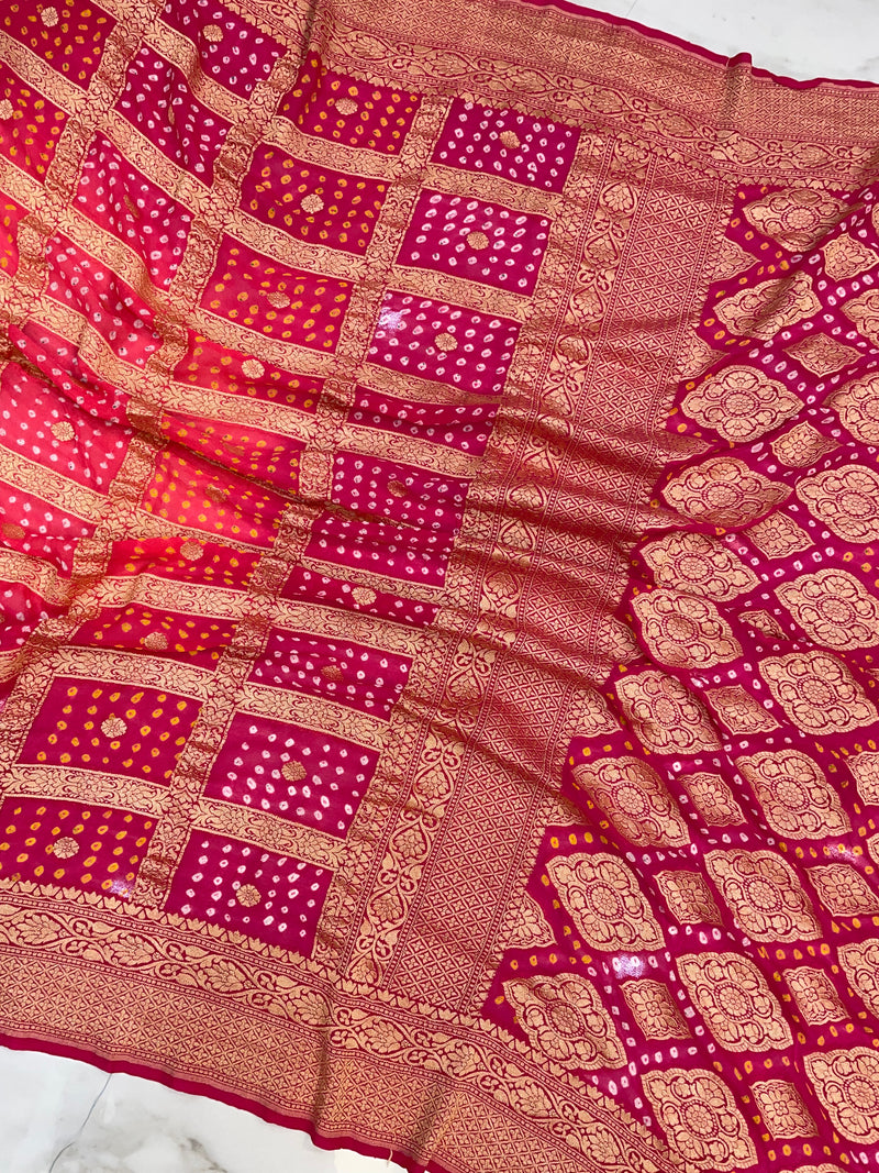 Dual Shade Pure Georgette Banarasi Bandhej Handloom Saree - The Handlooms