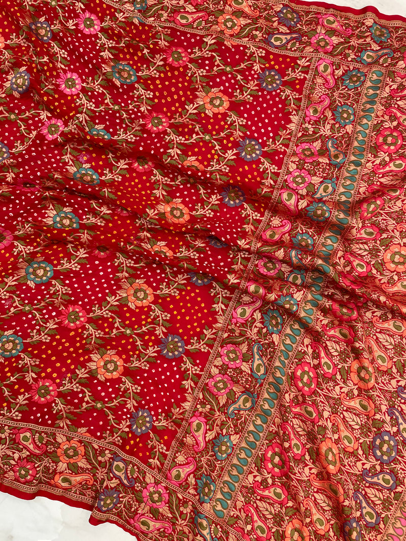 Pure Georgette Banarasi Bandhej Handloom Saree - with meenakari work - The Handlooms
